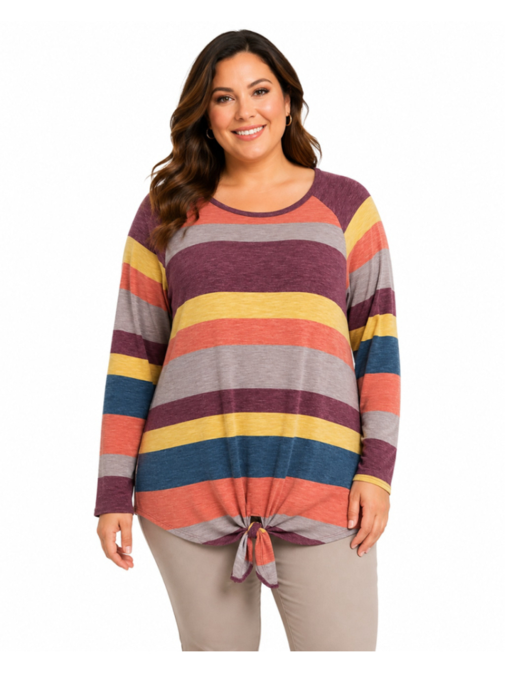 Viamor Women's Multicolor Striped Long Sleeve Tie Front Pullover Tunic Top